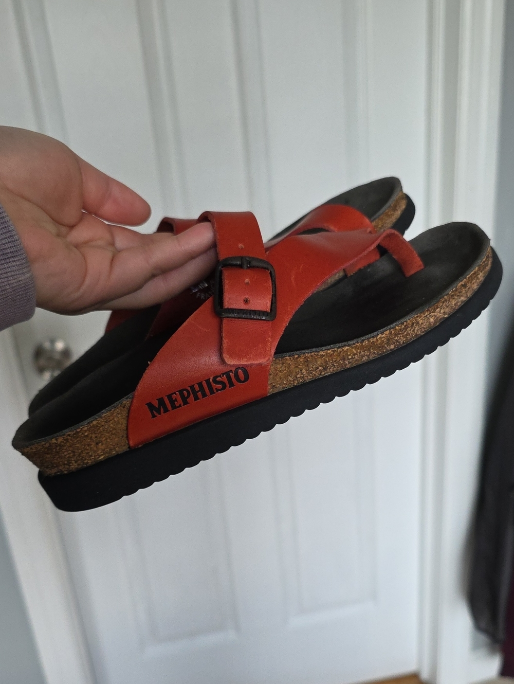 Mephisto Men's Red-Orange Leather Thong Sandals with Cork Midsole